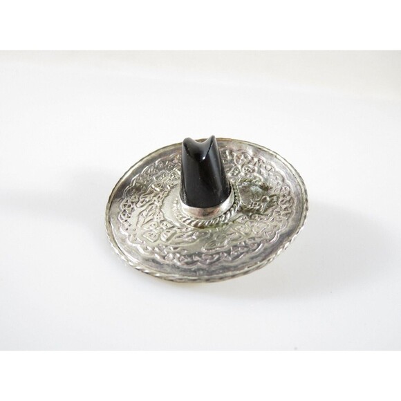 Fancy Sombrero Pin Brooch Sterling Silver & Onyx 925 Marked JE Hat Floral Design - Picture 1 of 9